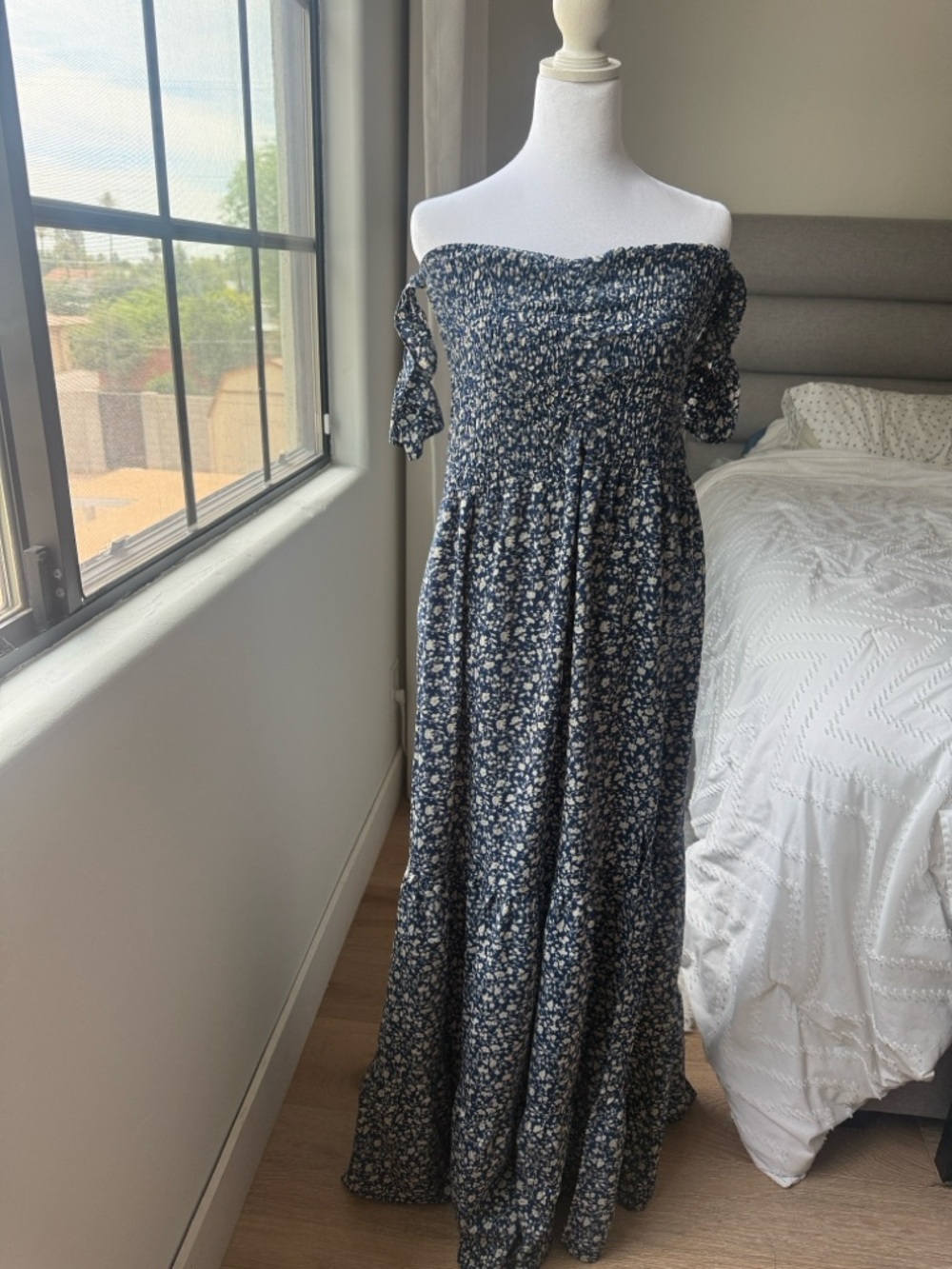 Francesca's Navy Blue Floral Off-Shoulder Maxi Dress